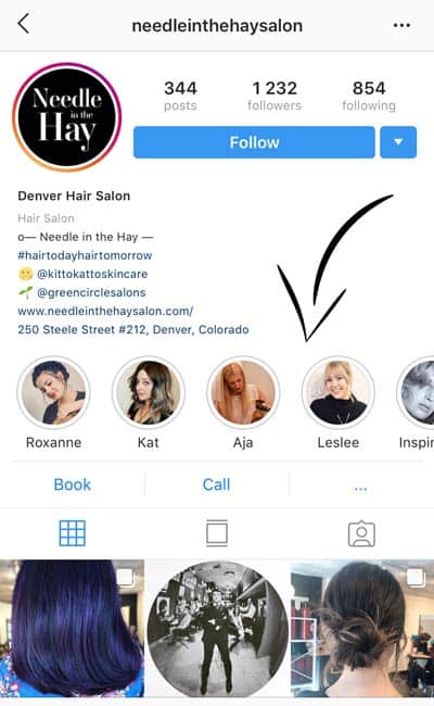 Hair salon Instagram story highlight showing staff
