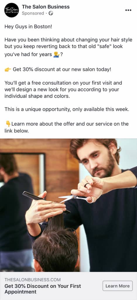 Example of a hair salon Facebook ad