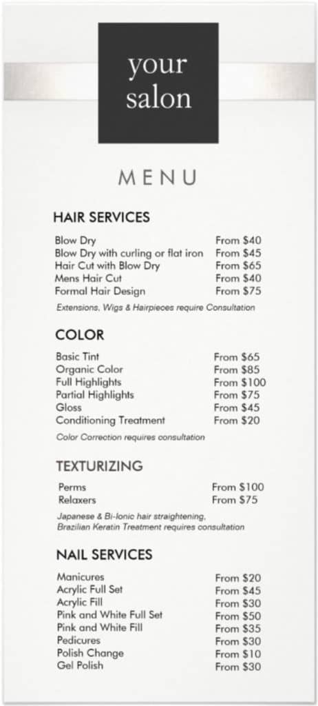 Hair salon price list example