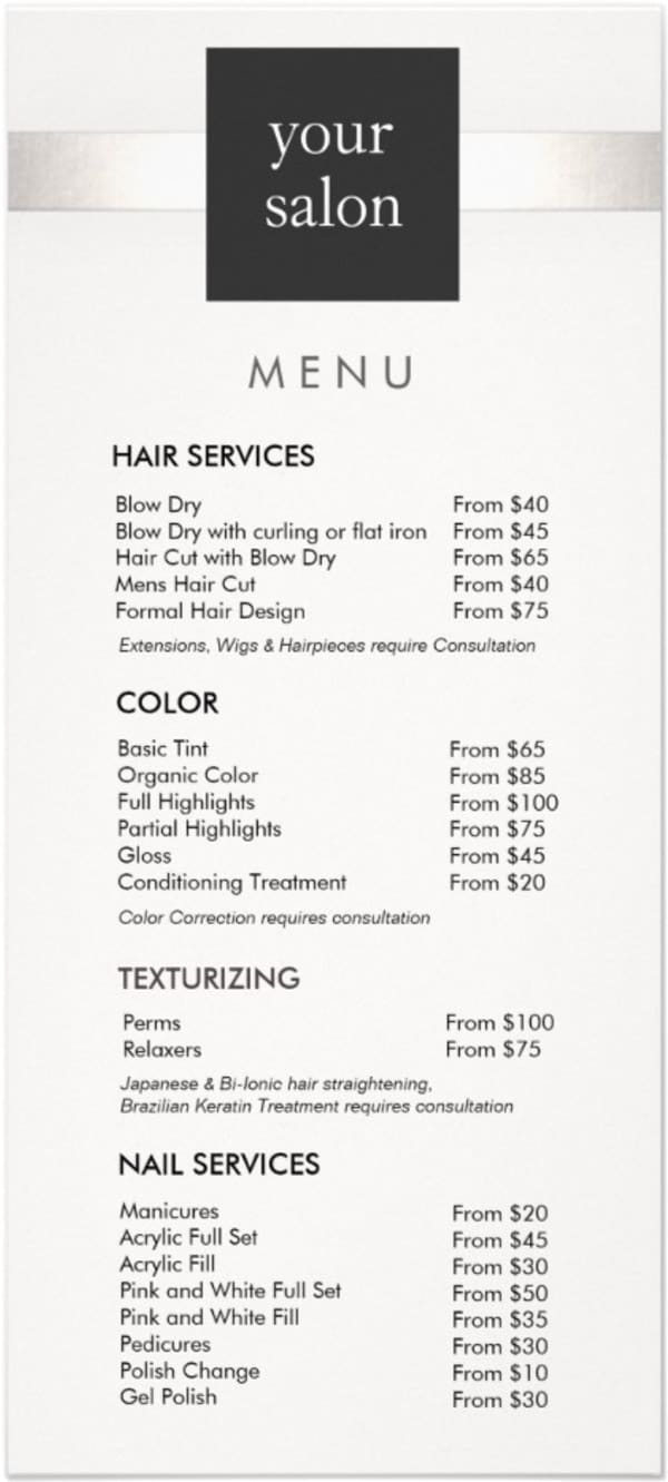 39 Popular Hair Salon Services Menu Price List