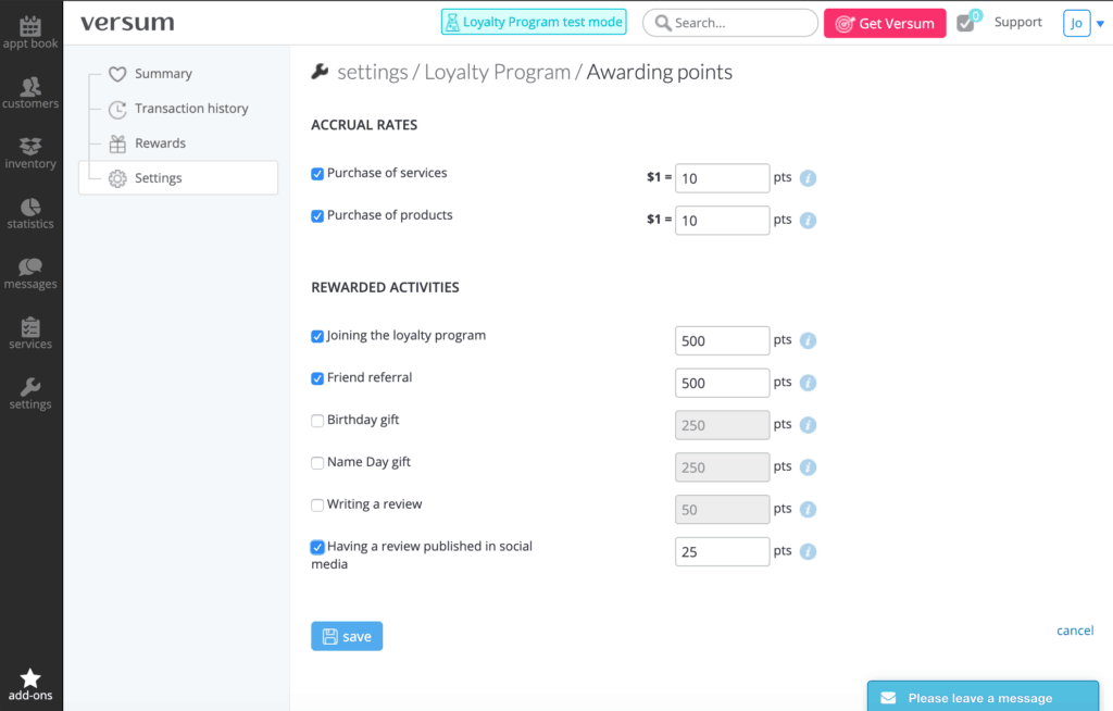 Salon software loyalty program from Versum