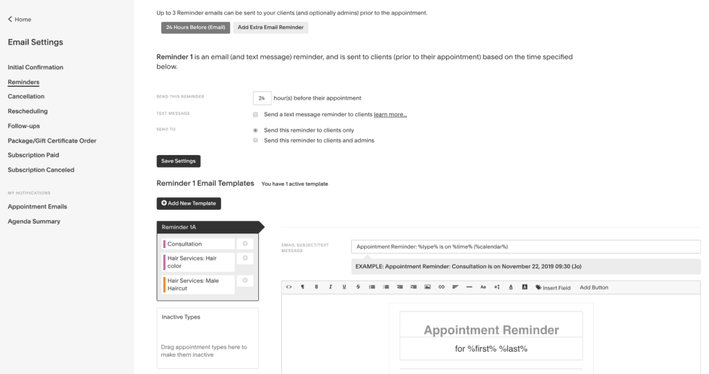 Setup reminders in acuity