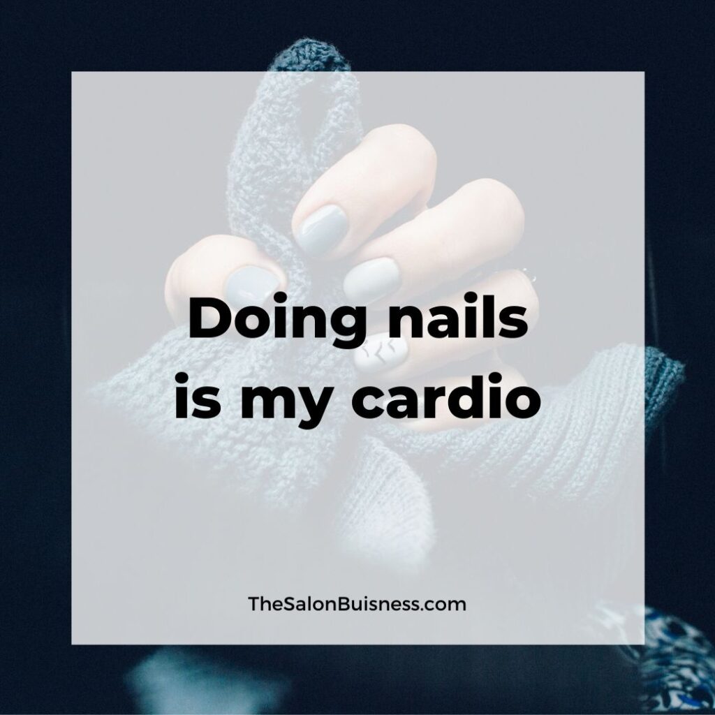 Doing nails is my cardio - woman with blue nails holding blue cardigan