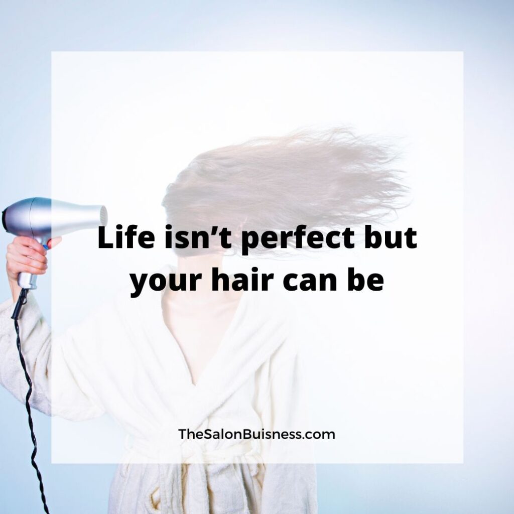 Funny hair quote about perfect hair - brunette blowdrying