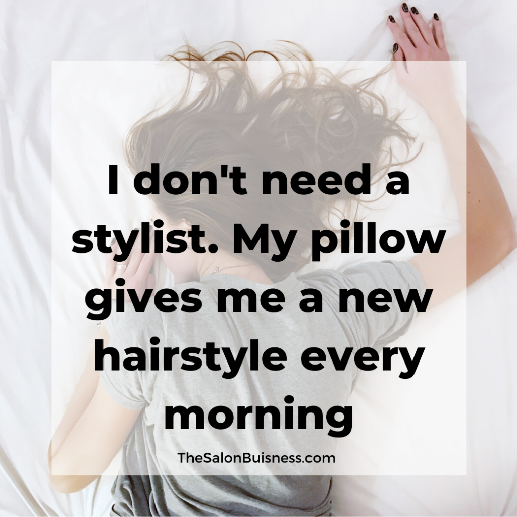 Brunette woman lying in bed - funny quote about waking up with messy hair. 
