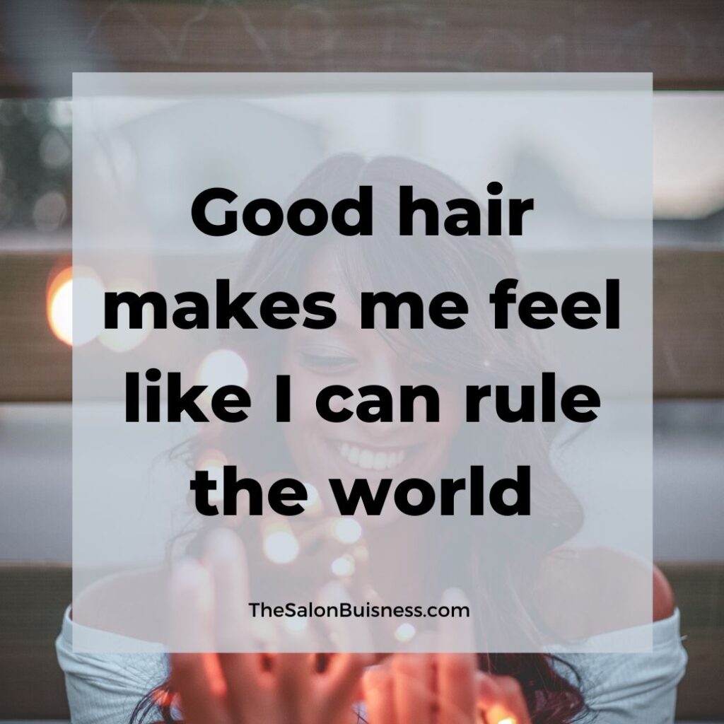 Dark-haired woman smiling & holding lights - good hair quote.