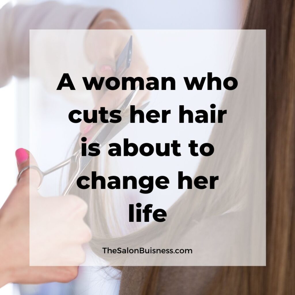 Inspirational haircut quotes - woman with pink nails cutting hair - brunette
