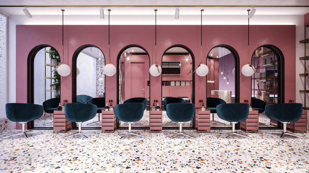 Pink hair salon design - hair styling stations