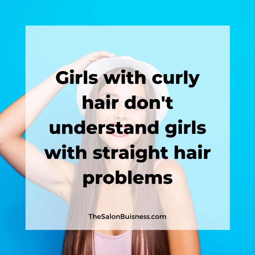 funny straight hair quotes  -  woman with straight brown hair wearing a hat - blue background 