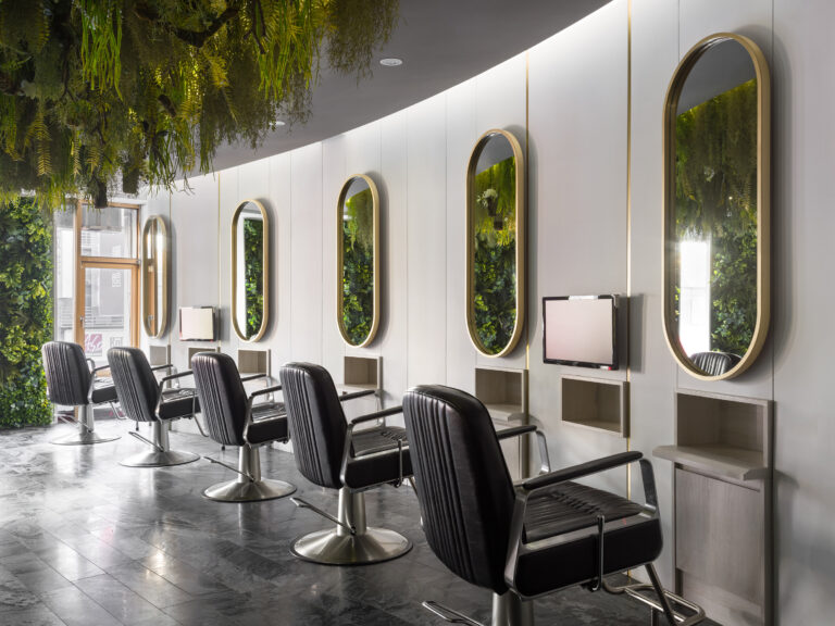 Green hair salon styling stations