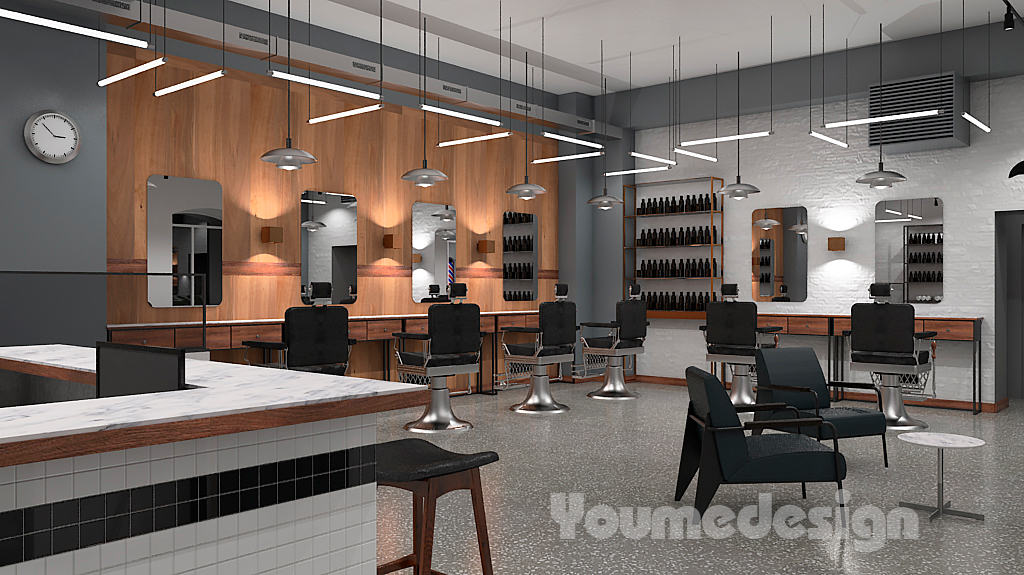 grey, white, black & brown colored barbershop with black chairs & hanging lights. A wood wall with mirrors & front desk with black & white tiled panels.