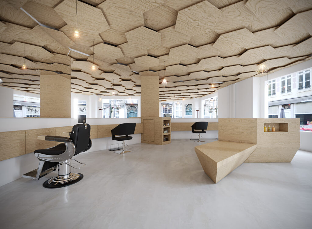 clean white & beige color scheme. Honey comb shapes on the ceiling with black chairs. 