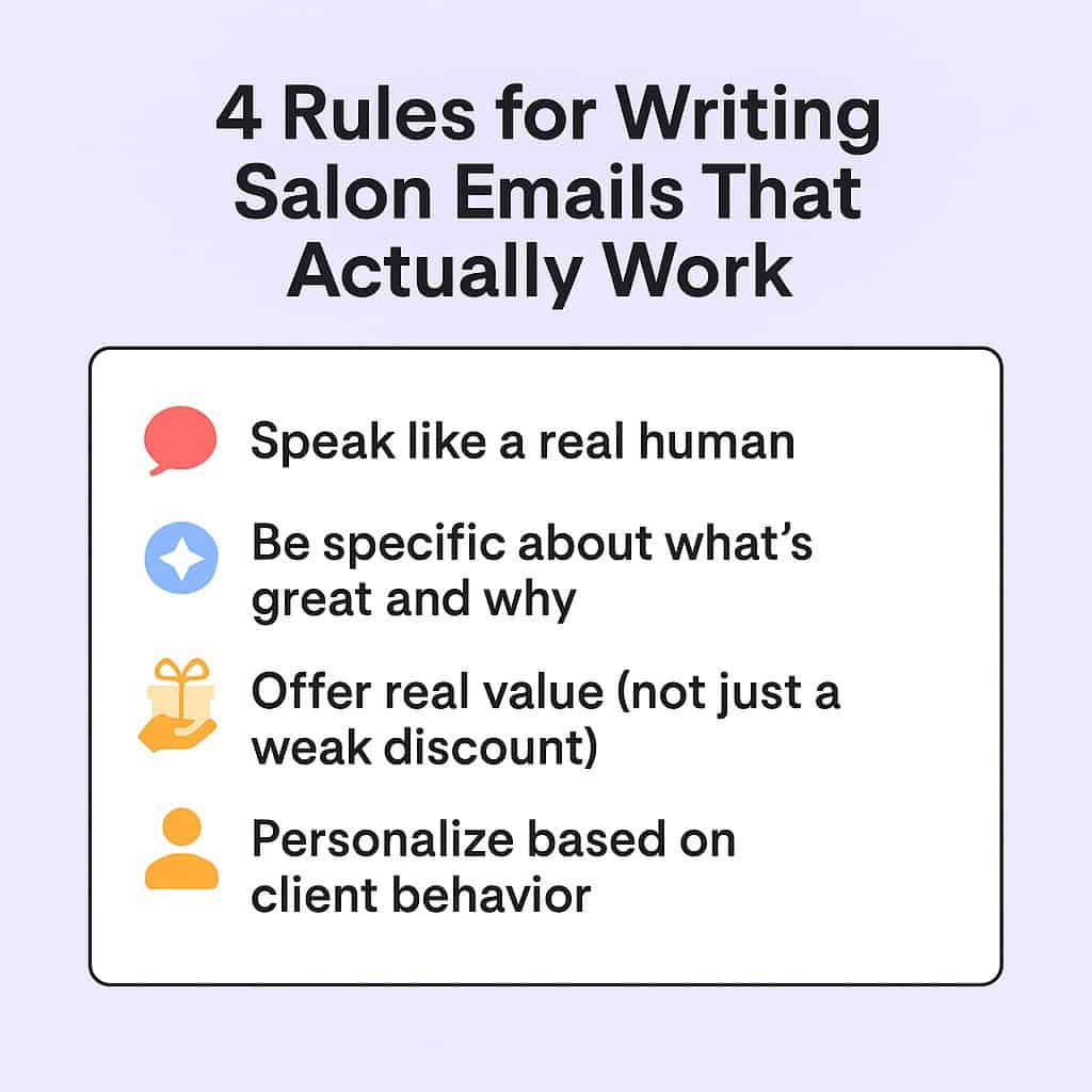 Infographic explaining the 4 rules for writing salon emails that work.