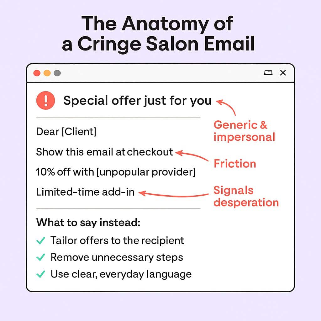 Infographic explaining the anatomy of a cringe salon email.