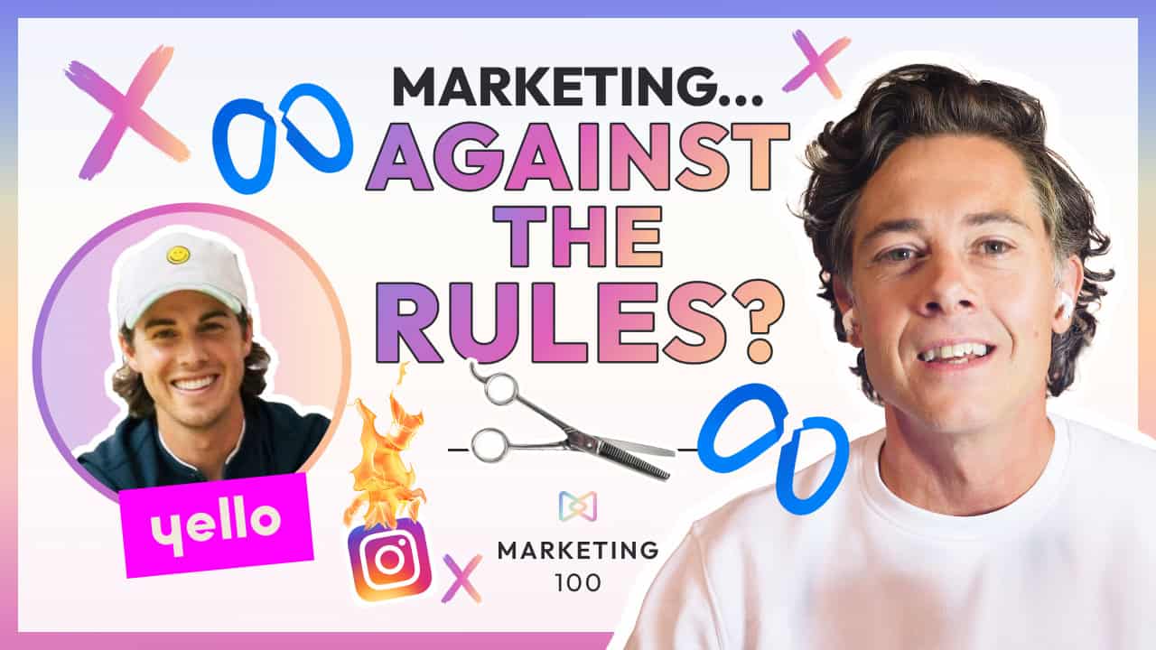 John Hallberg and Mack Olsen from yello salon smiling with text that reads "marketing against the rules" and featuring the meta logo