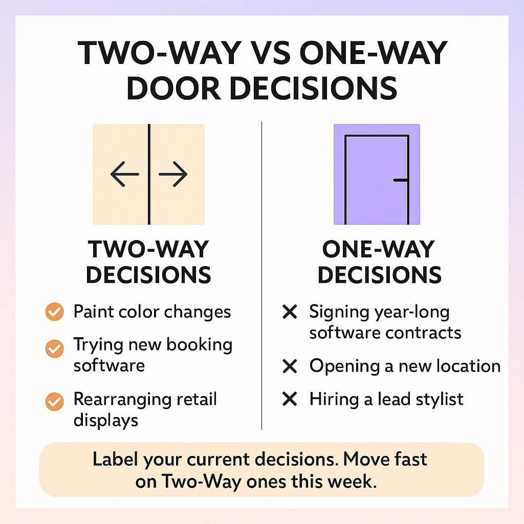 Infographic with the title: Two-way vs One-way door decisions.