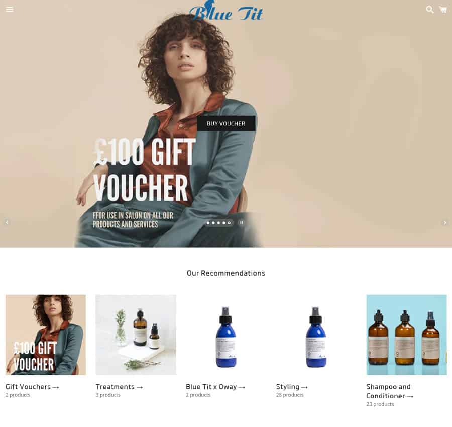 Blue Tit London Hair salon website design example e-commerce page