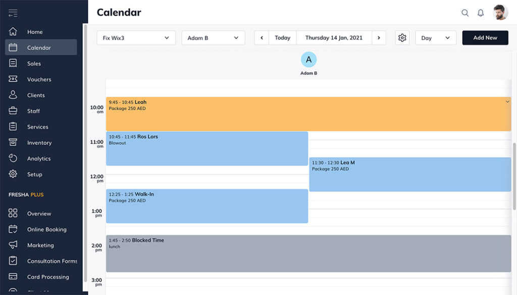 Fresha appointment calendar view