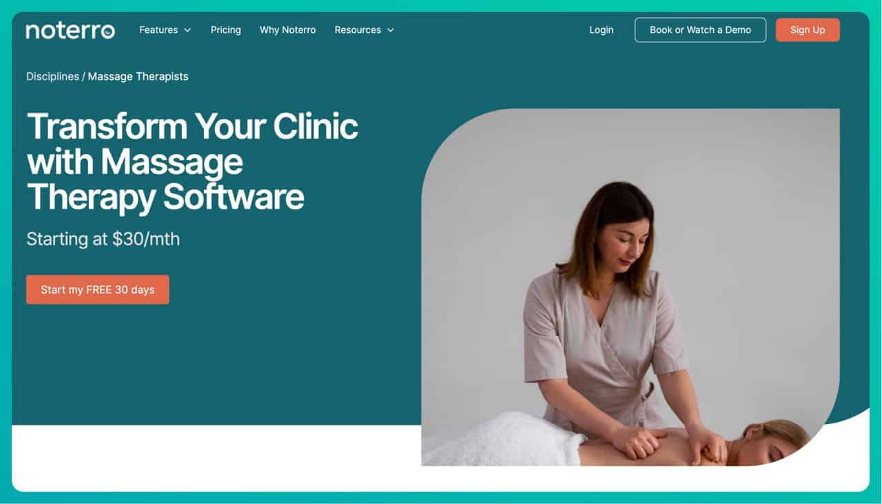 Noterro massage therapy software website