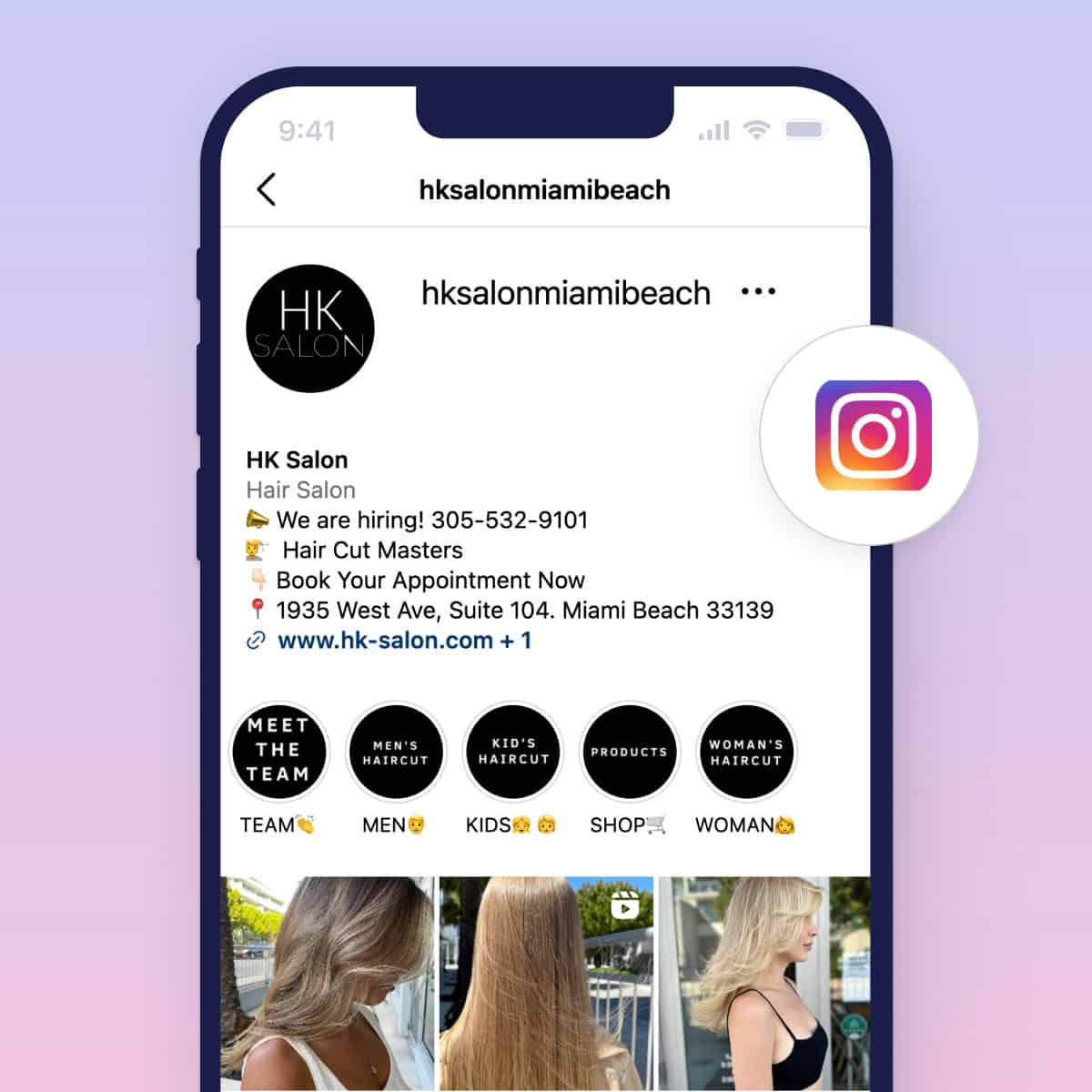 graphic example of an salon Instagram bio