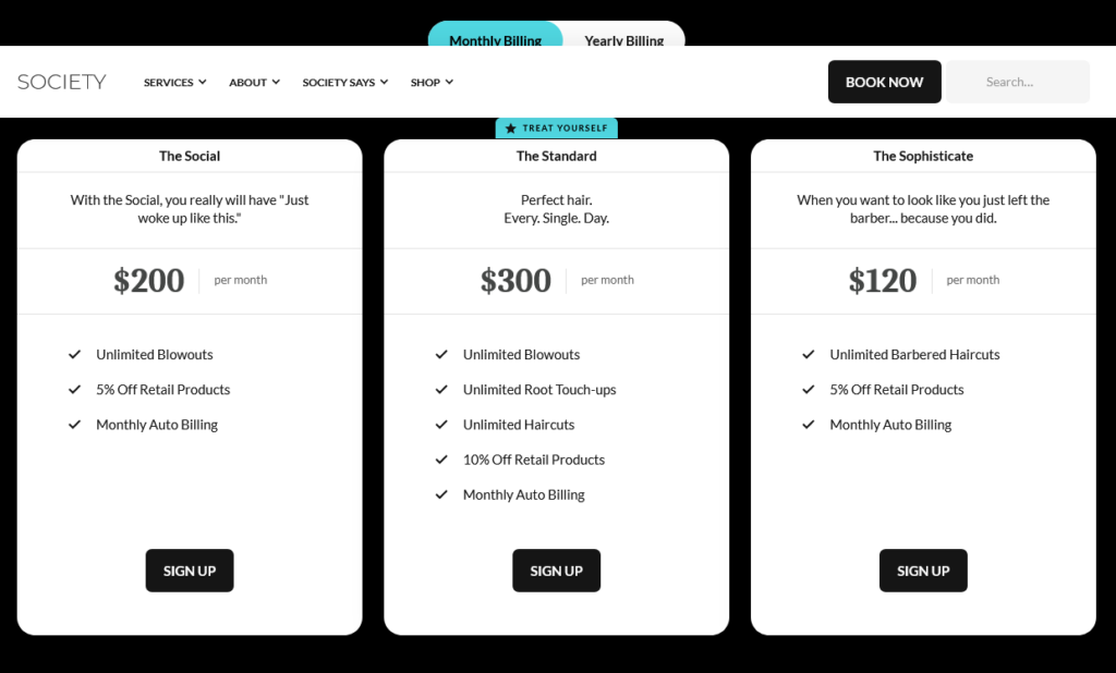 Example of a Salon membership program from Society Salons