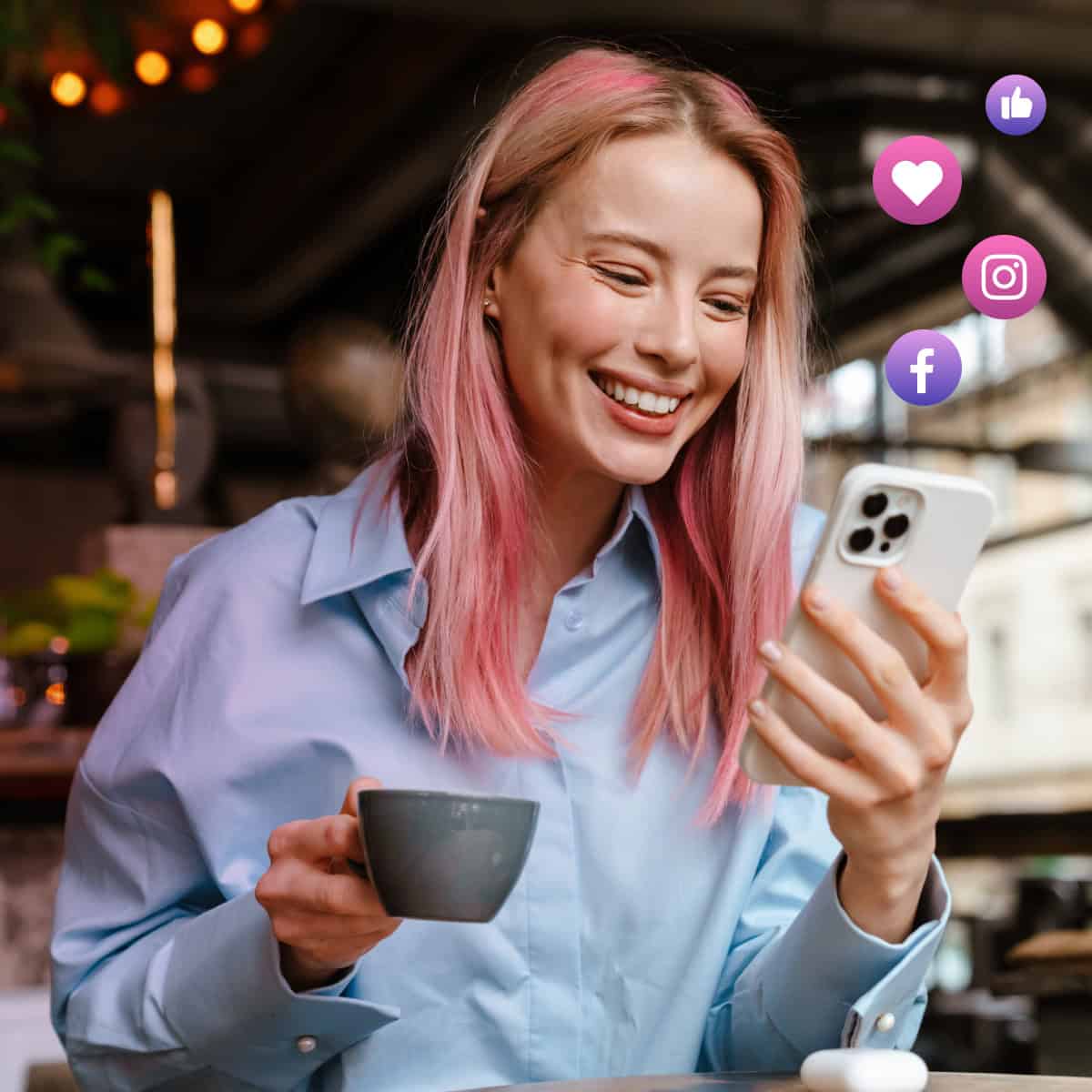 woman holding iPhone looking at social media marketing ideas