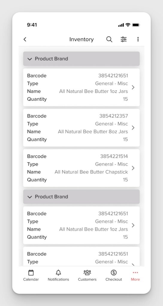 Screenshot of Vagaro inventory management on mobile