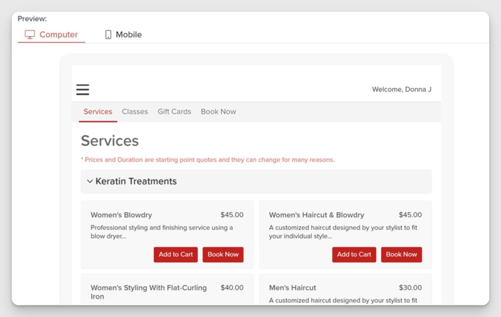 Screenshot of Vagaro booking widget preview