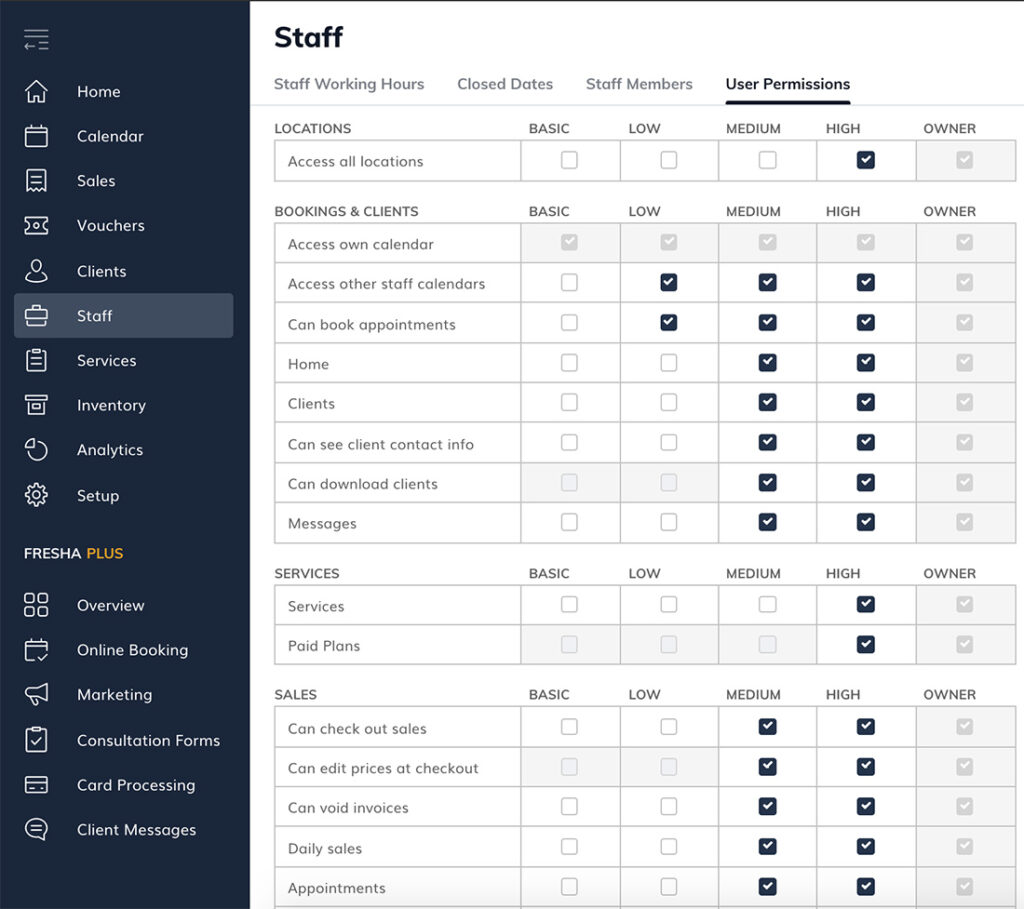 Configure staff permission in Fresha