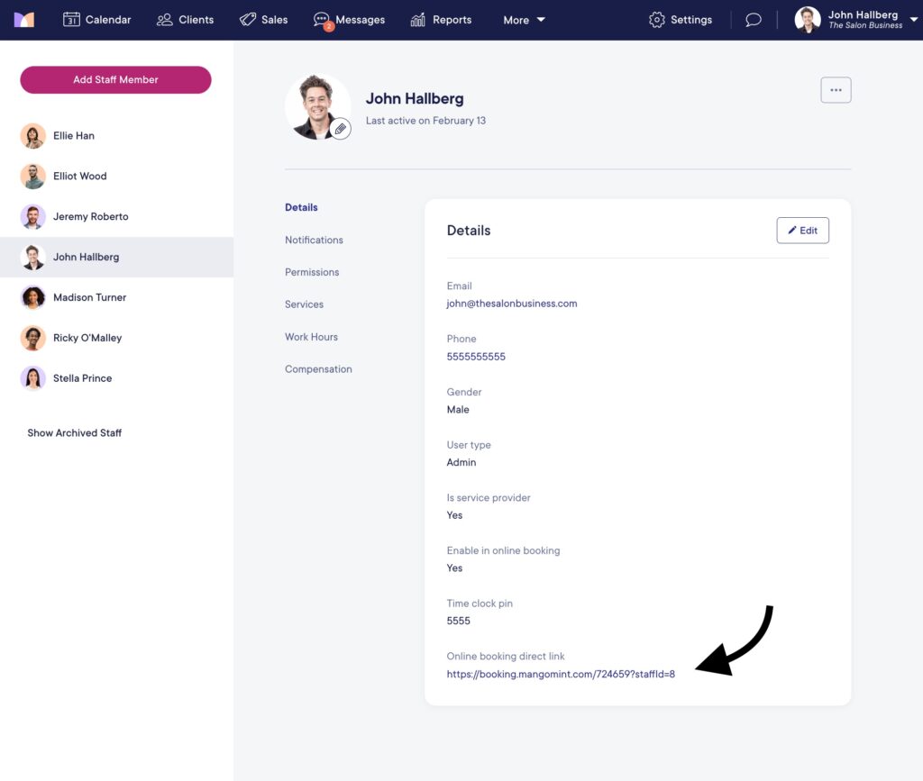 Linking to staff members online booking